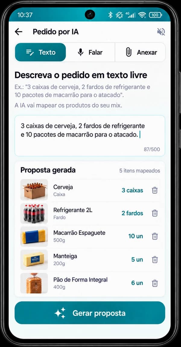 Tela do pedido por IA: o vendedor descreve o pedido em texto livre e o app monta a proposta