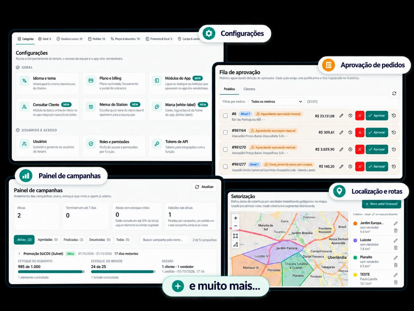 Telas do Station: configurações, fila de aprovação de pedidos, painel de campanhas e setorização de vendedores no mapa