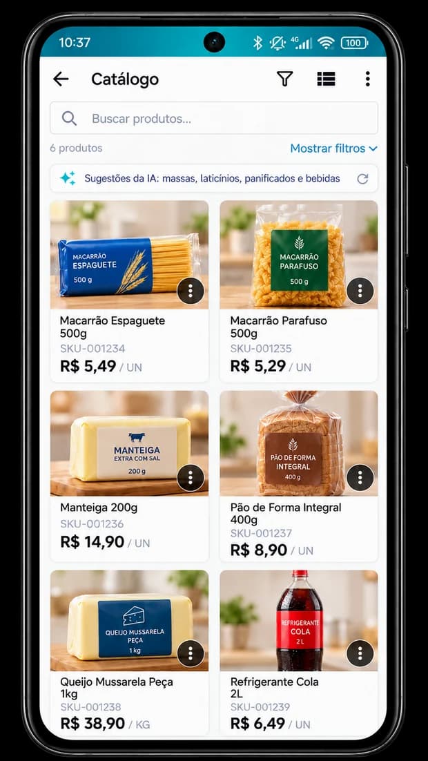 Tela do catálogo do Landix AFV com sugestões da IA e produtos com preço e estoque